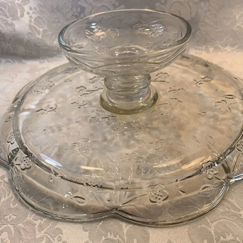 Savannah Style Vintage Cake Serving Flower Embossed Scalloped Pedestal Platter